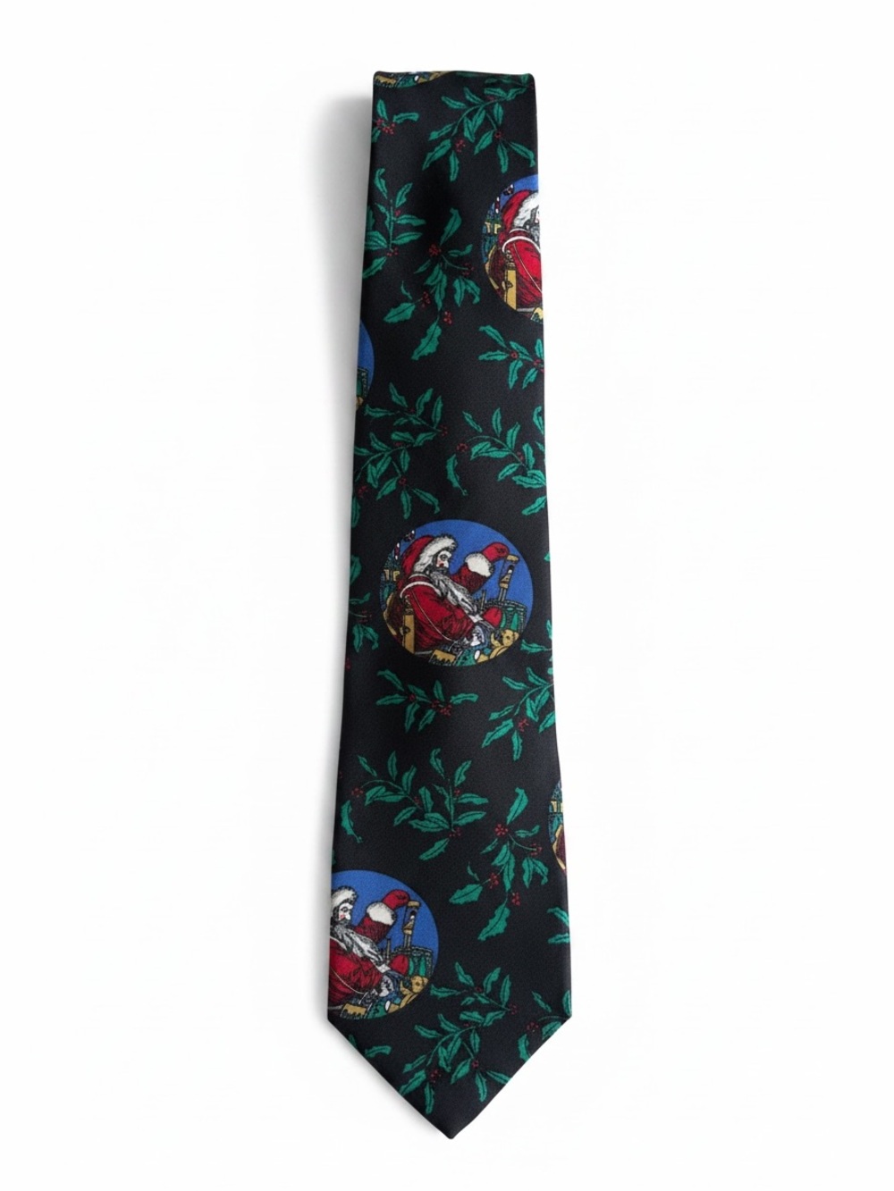 Saks Fifth Avenue Vintage Santa Christmas Tie Holly Silk Necktie Black Wide Tie